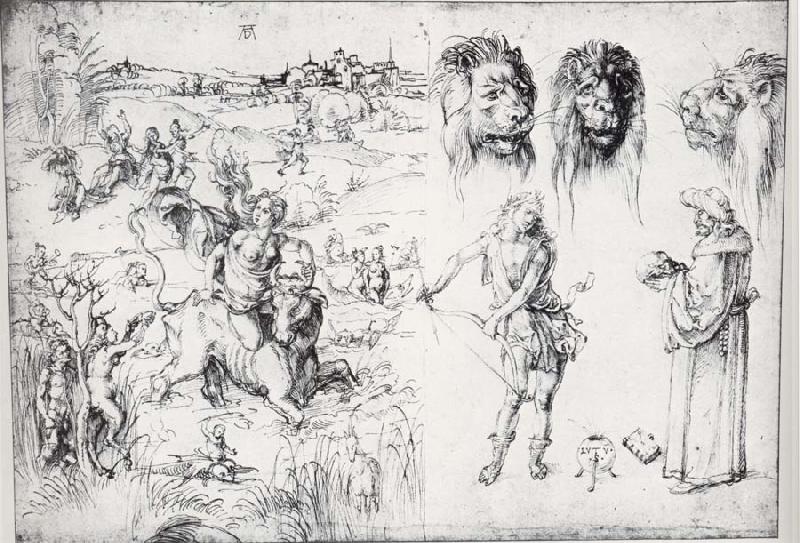 Albrecht Durer Sketch Sheet with the Rape of Europa oil painting image